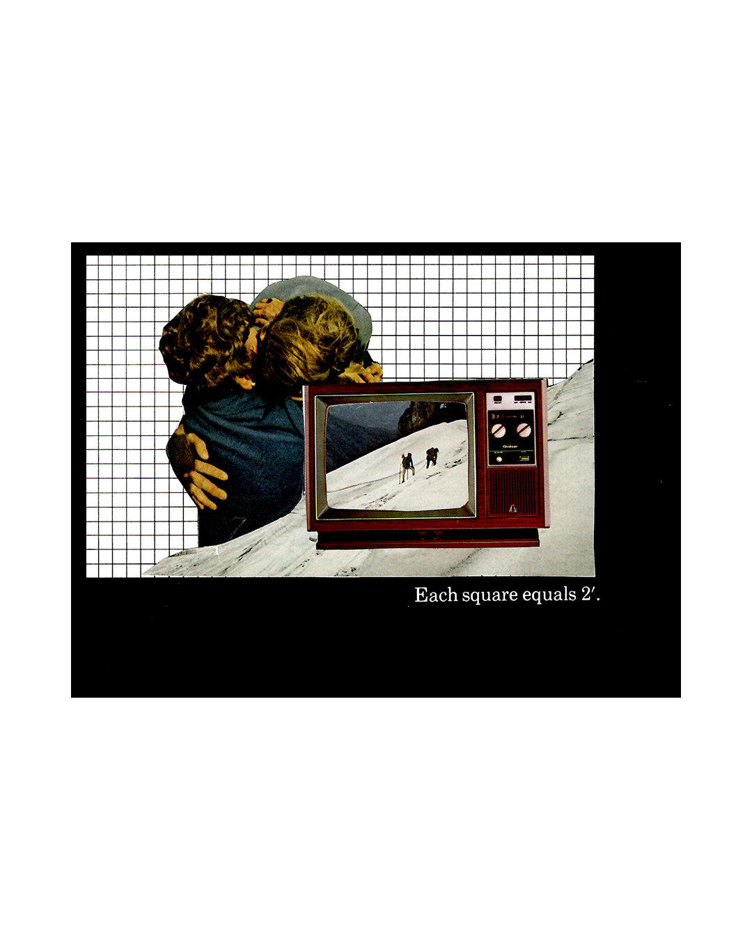 Collage with two men hugging and a tv with 2 skiers, surrounded by a black frame