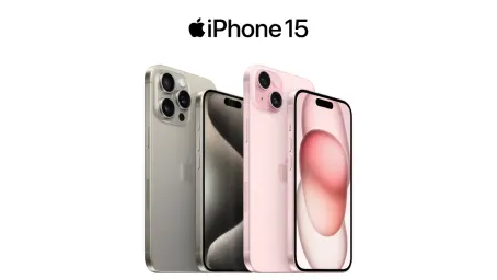 Un logo indique : « iPhone 15 ». En dessous se trouvent les vues avant et arrière d'un iPhone 15 Pro ainsi que les vues avant et arrière d'un iPhone 15.