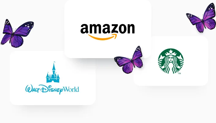 Logos associés aux rabais et aux économies à réaliser – Amazon, Walt Disney World et Starbucks. 