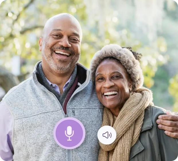 Elderly couple smiling with video call interface overlay