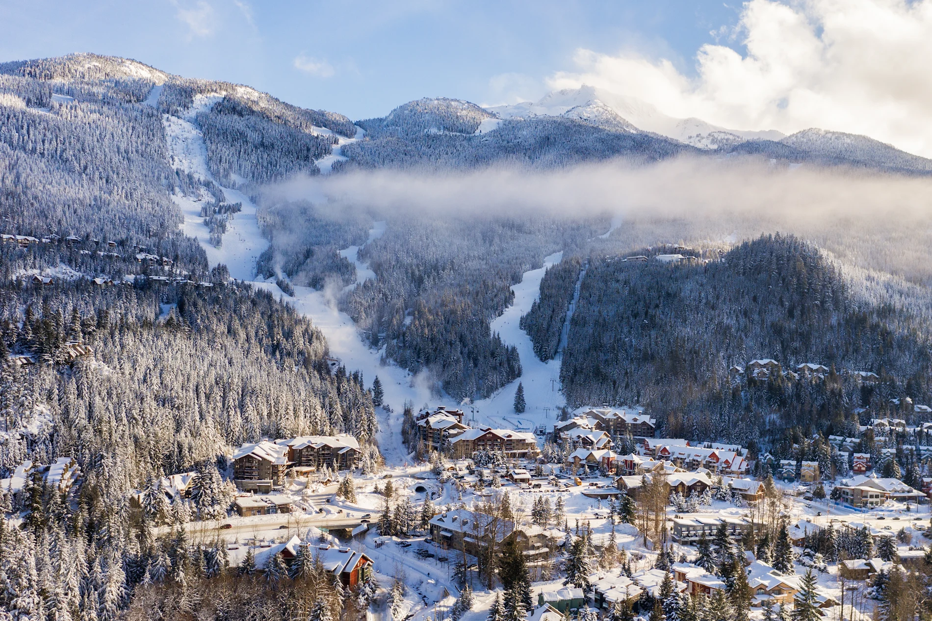 Whistler mountain view; to the left are the Whistler Blackcomb and TELUS logo