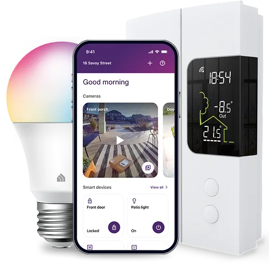 The SmartHome+ App and a selection of the variety of smart devices it can manage from brands like Kasa, Sensi, Weiser, Zooz, Google, and more.