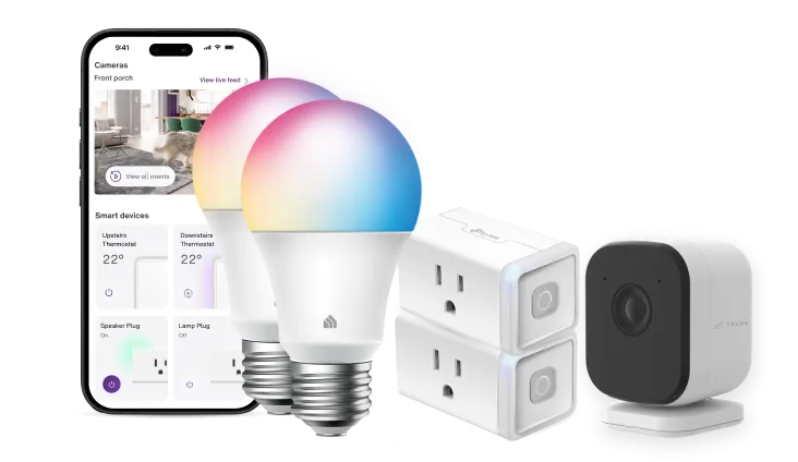 A security camera, smart plugs, smart light bulbs, and a smartphone.