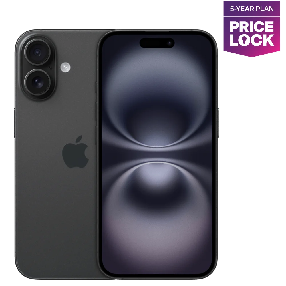 iPhone 16, front and back views.