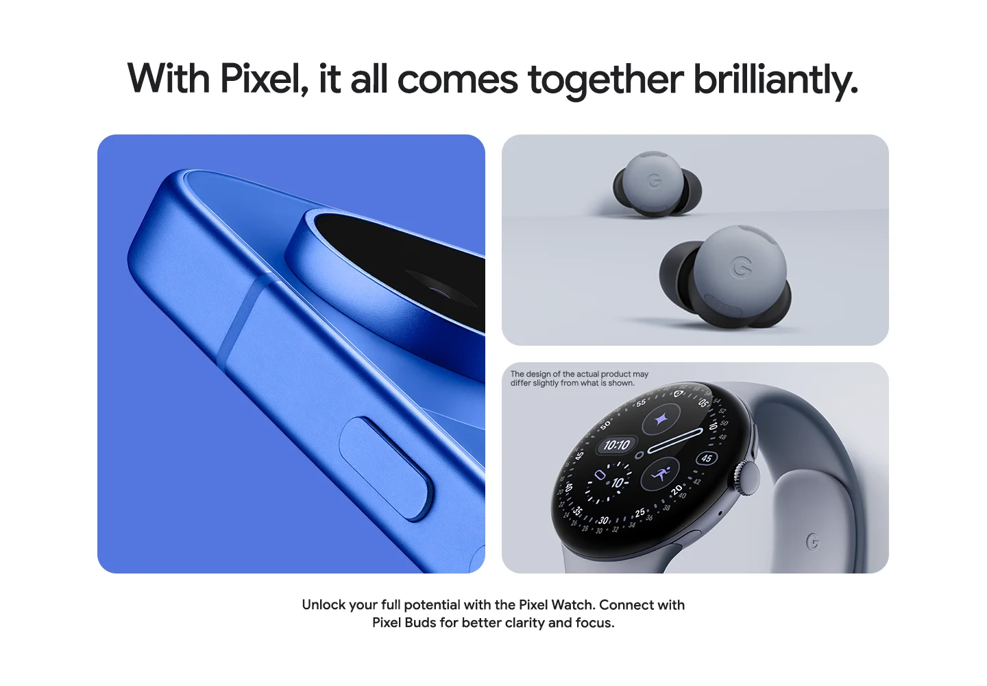 Pixel ecosystem integration: Pixel phone, Pixel Watch, and Pixel Buds working together for enhanced functionality, with Pixel Buds providing improved audio clarity and focus when connected.