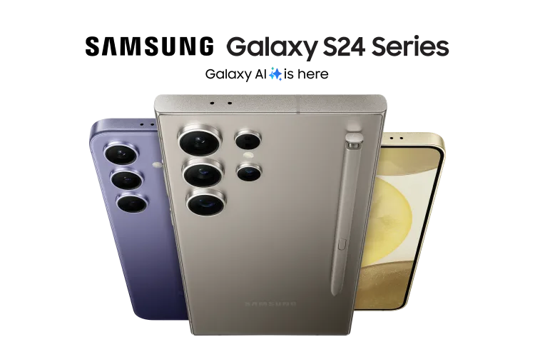 Back view of Samsung Galaxy S24 in Cobalt Violet and Galaxy S24 Ultra in in Titanium Grey with S Pen and front view of the Samsung Galaxy S24 in Amber Yellow