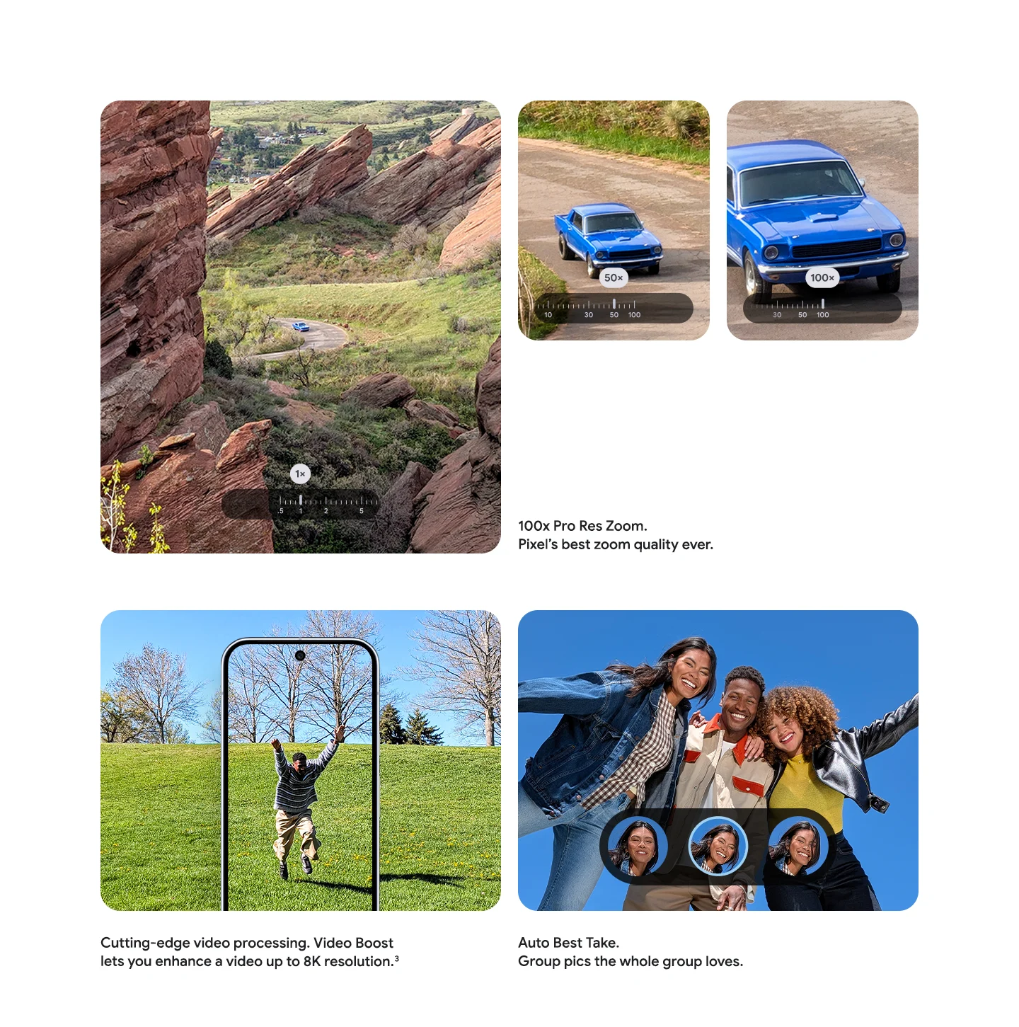 Pixel camera features: '100x Pro Res Zoom. Pixel's best zoom quality ever.' 'Video Boost lets you enhance a video up to 8K resolution.' 'Auto Best Take. Group pics the whole group loves.