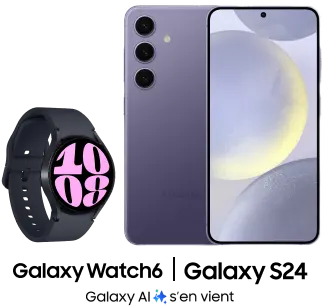 Avant et arrière du Samsung Galaxy S24 en Violet Cobalt à côté d’une Galaxy Watch6 en Graphite, avec le logo indiquant « Galaxy AI s’en vient ».