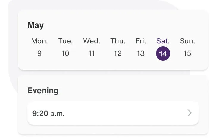 App screenshot of booking calendar with time slot selected.