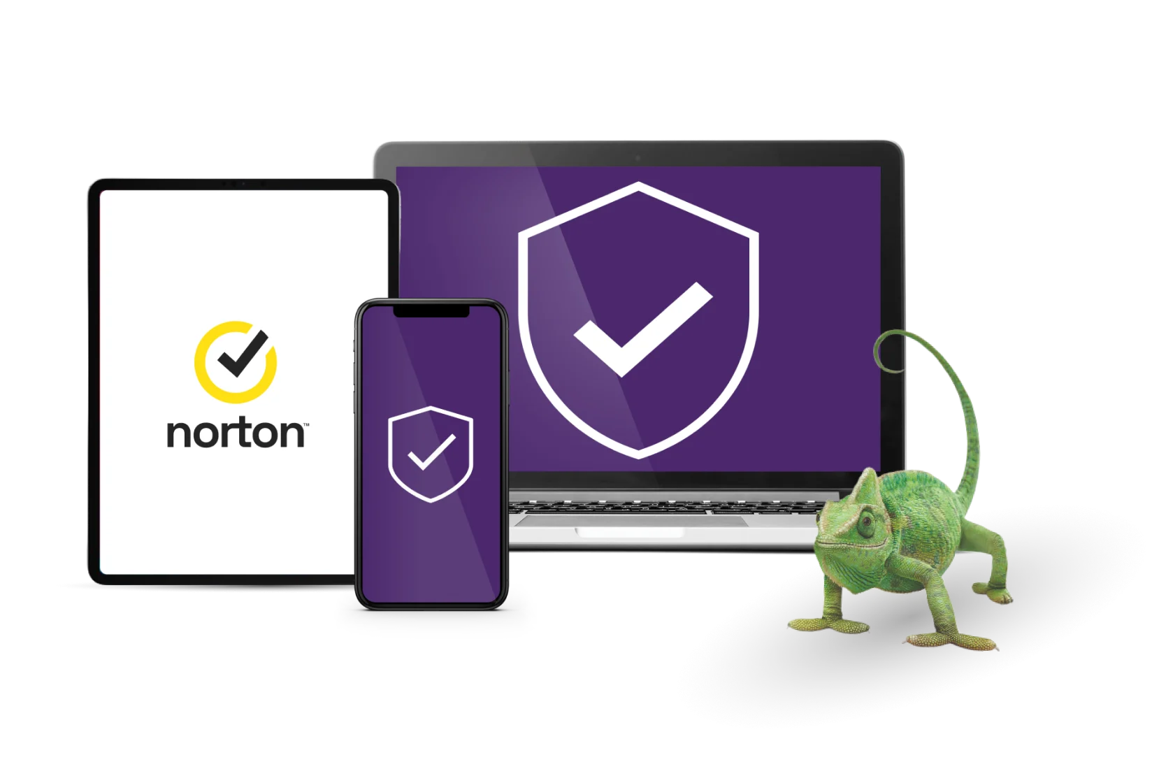 Un téléphone intelligent avec le logo Norton, un écran d'ordinateur portable avec une coche et un caméléon.