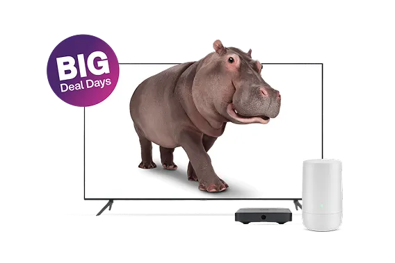 A TV, digital box and TELUS modem. The TV screen displays a hippo stepping out of the TV. On the left, a roundel reads: Big Deal Days.