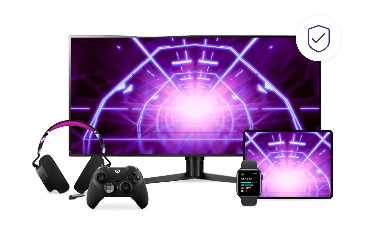 Various devices; TV, Tablet computer, Game controller, Apple watch and Gaming headphones with a Homepro Plus protected Shield icon