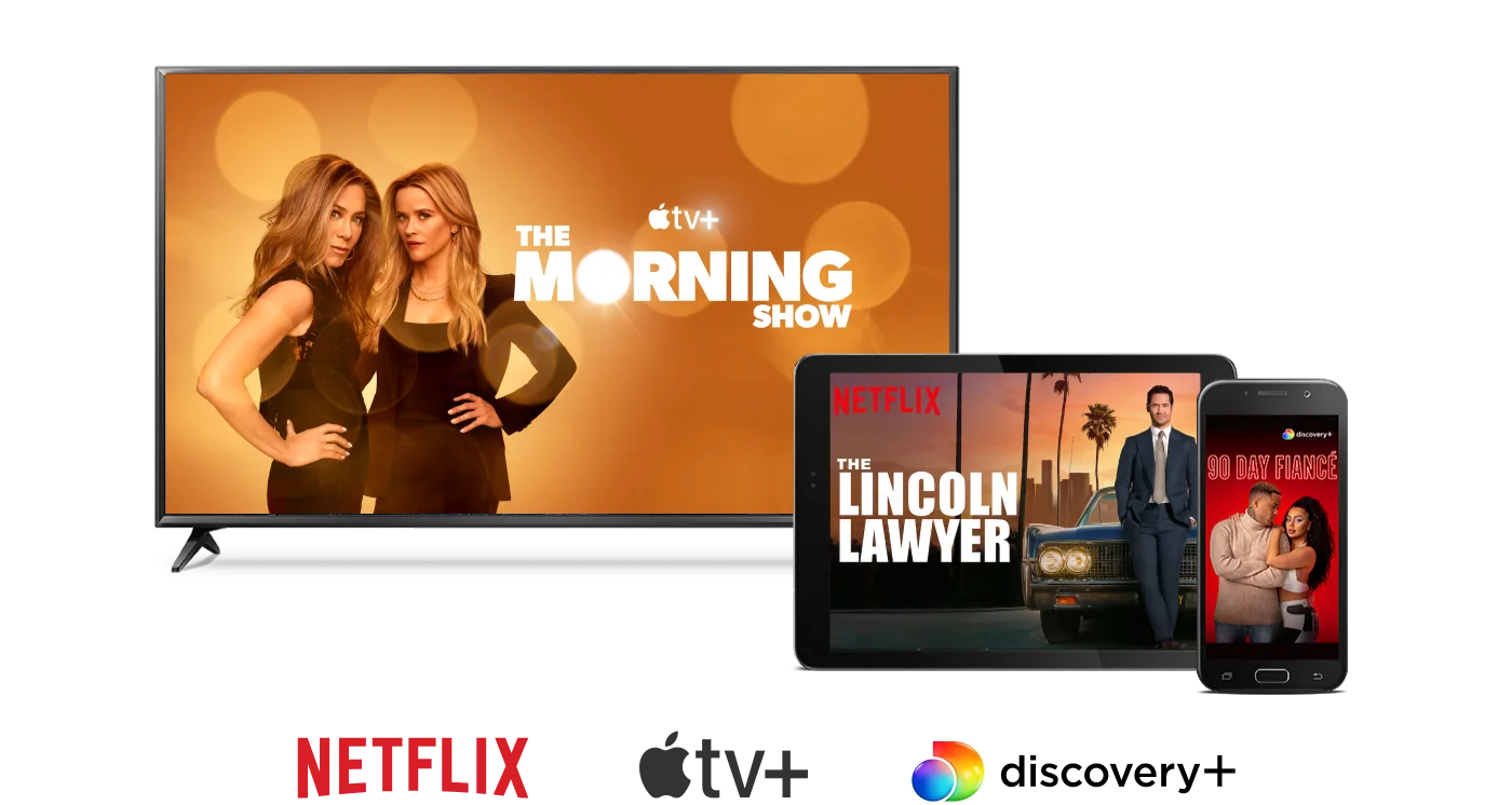 A TV, tablet and phone display shows available on Stream+ like the Morning Show, The Lincoln Lawyer and 90 Day Fiancé.