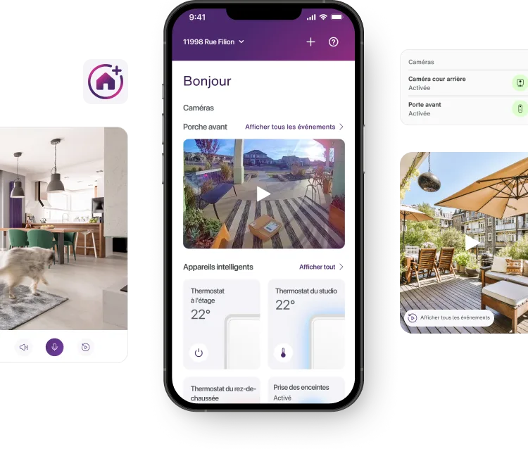 L’application TELUS MC+ vous permet de visionner les flux de vos caméras intérieures et extérieures, ceux de vos sonnettes vidéo, ainsi qu’un résumé des caméras activées et des événements de la journée.