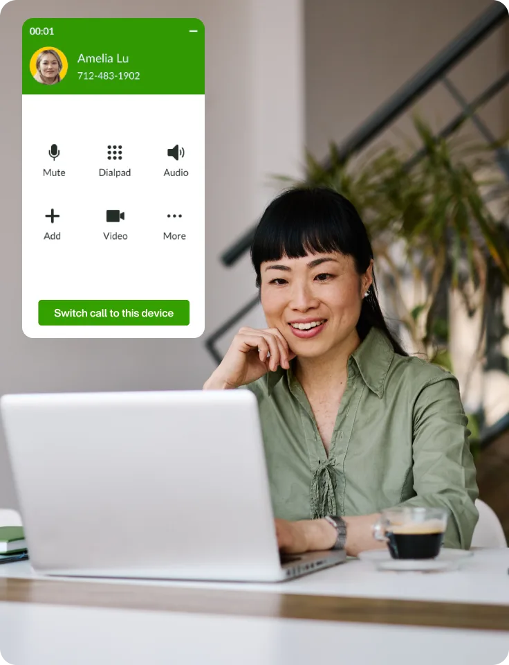 Woman on laptop with mobile call UI showing transfer option.