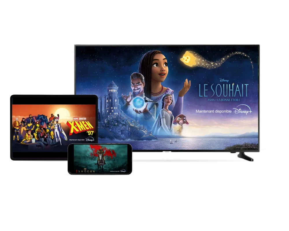 Une télé, une tablette et un téléphone diffusant des séries et films à succès de Disney+ : Le Souhait, X-Men ‘97 et Shōgun de FX.