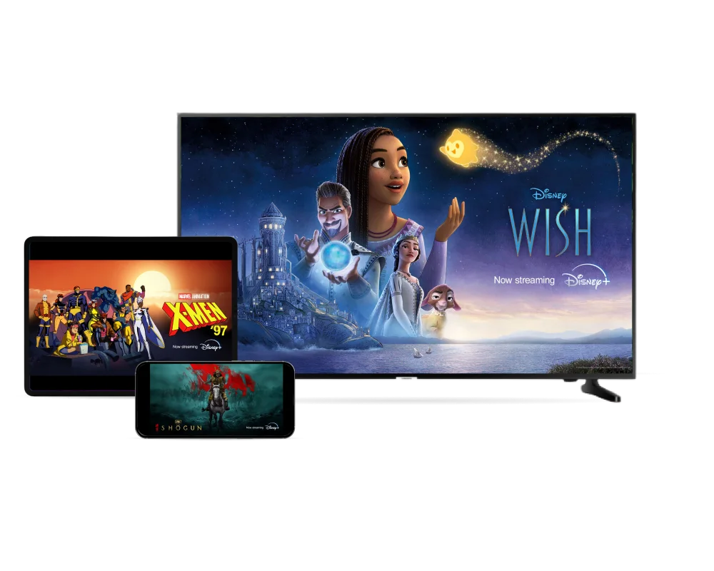 A smart TV, tablet and smartphone streaming popular Disney+ series and movies; Disney Wish, Marvel X-Men ‘97, and FX Shogun.