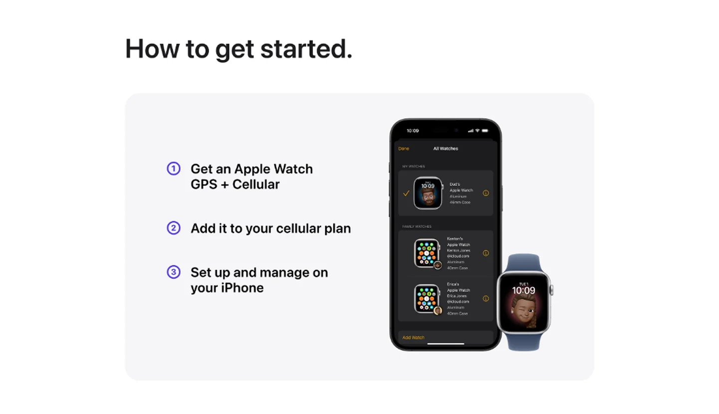 Front view of an Apple Watch SE and iPhone. The phone screen displays all the watches that are managed on the account.