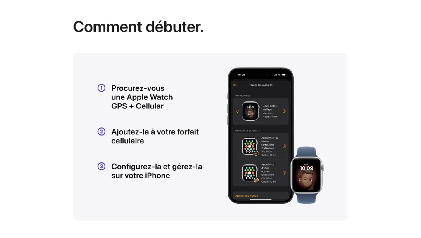 Vue de face d’un iPhone et d’une montre Apple Watch SE. L’écran du téléphone affiche toutes les montres qui sont gérées sur le compte.
