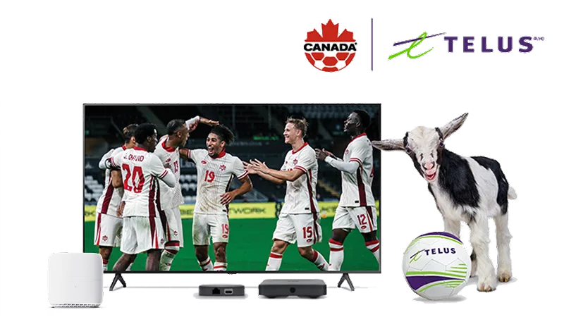A goat and a TELUS soccer ball stand beside a TELUS modem and TV displaying Canada Soccer on TSN, representing the PureFibre Internet and Optik TV bundle.