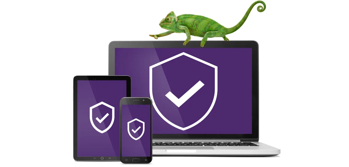 A chameleon walks across a laptop protected by TELUS Online Security. A tablet and smartphone, also protected by the plan, are displayed inset.