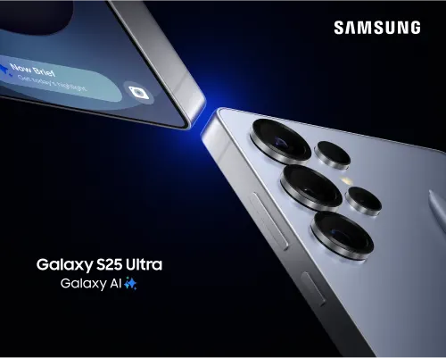 The front and back view of the Galaxy S25 Ultra. A logo reads, "Galaxy S25 Ultra: Galaxy AI".