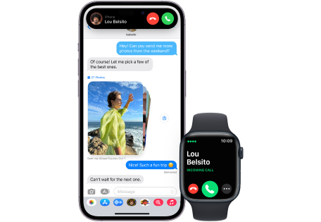 The front of Apple iPhone 14 and Apple Watch displaying an incoming call request 