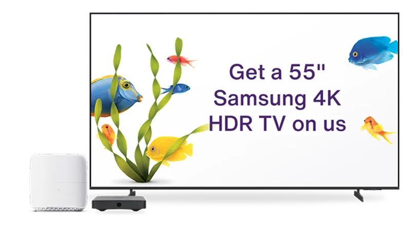 Samsung TV next to Wi-Fi hardware, displaying colorful fish, sea plants, and text: 'Get a 55" Samsung 4K HDR TV on us'.