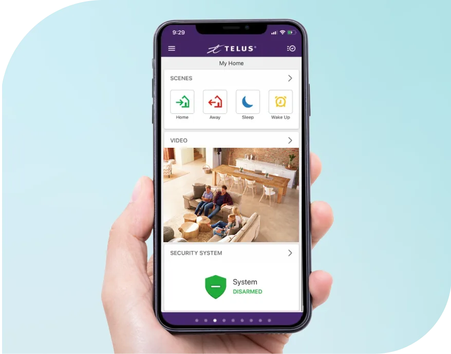 TELUS SmartHome app featuring video from living room and Indoor Wi-Fi Security Camera 