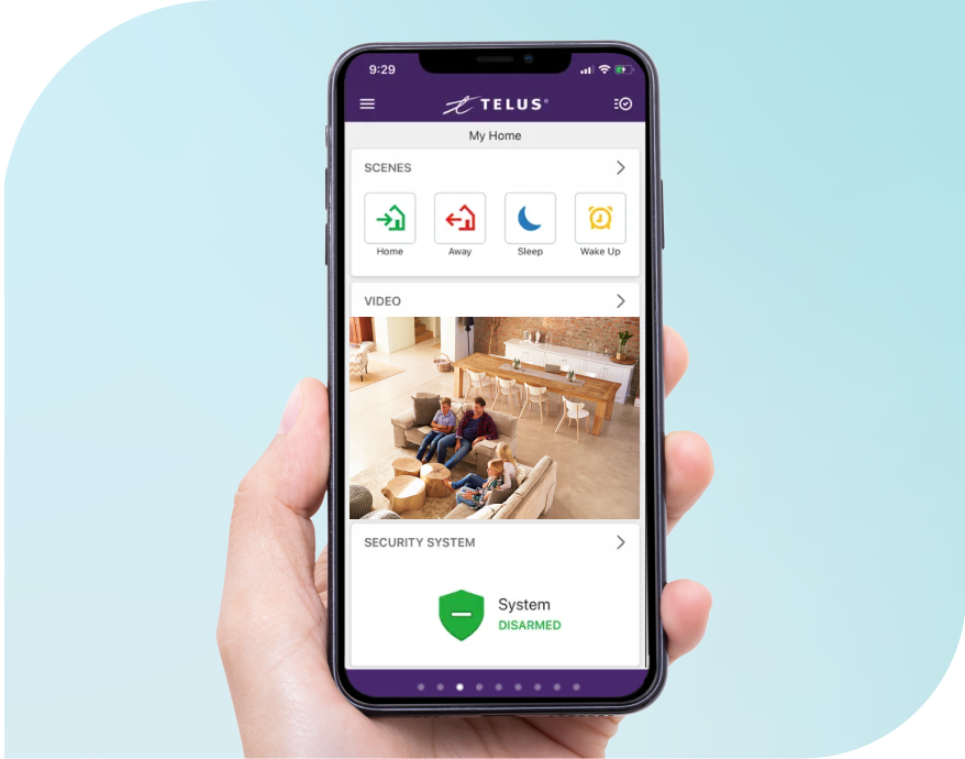 TELUS SmartHome app featuring video from living room and Indoor Wi-Fi Security Camera 