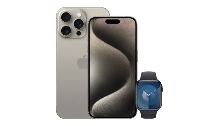 Back and front view of iPhone 15 Pro in Natural Titanium colour next to Apple Watch Series 9.