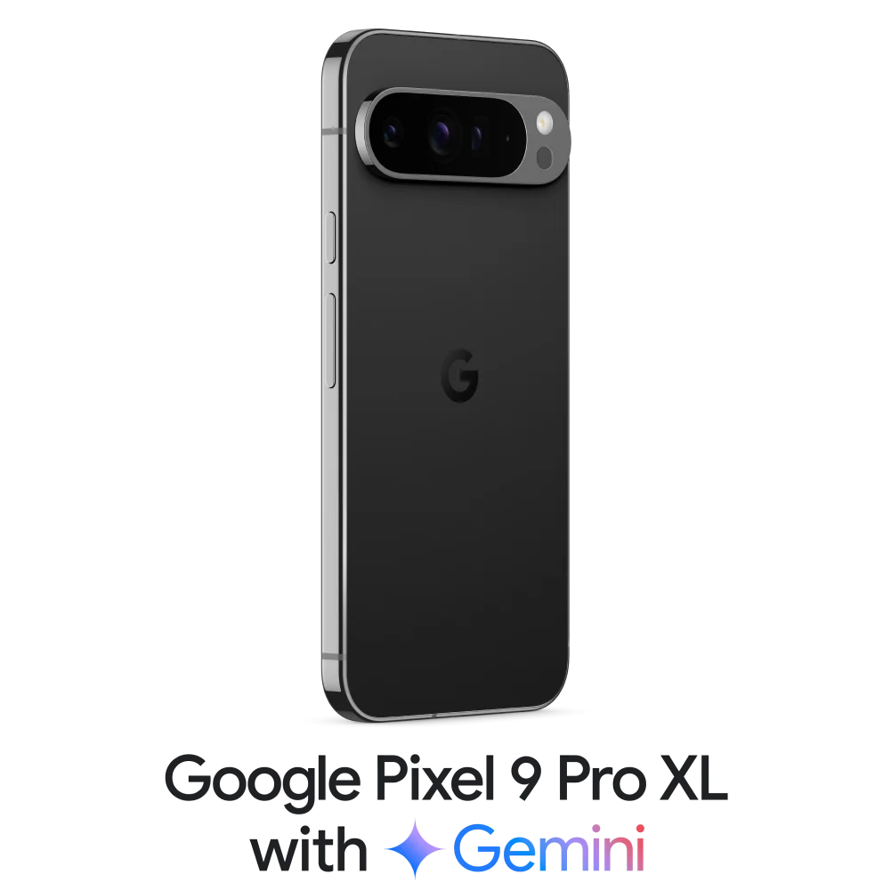 The front and back view of the Google Pixel 9 Pro XL in Obsidian. Below, is a logo that reads “Google Pixel 9 Pro XL with Gemini”.