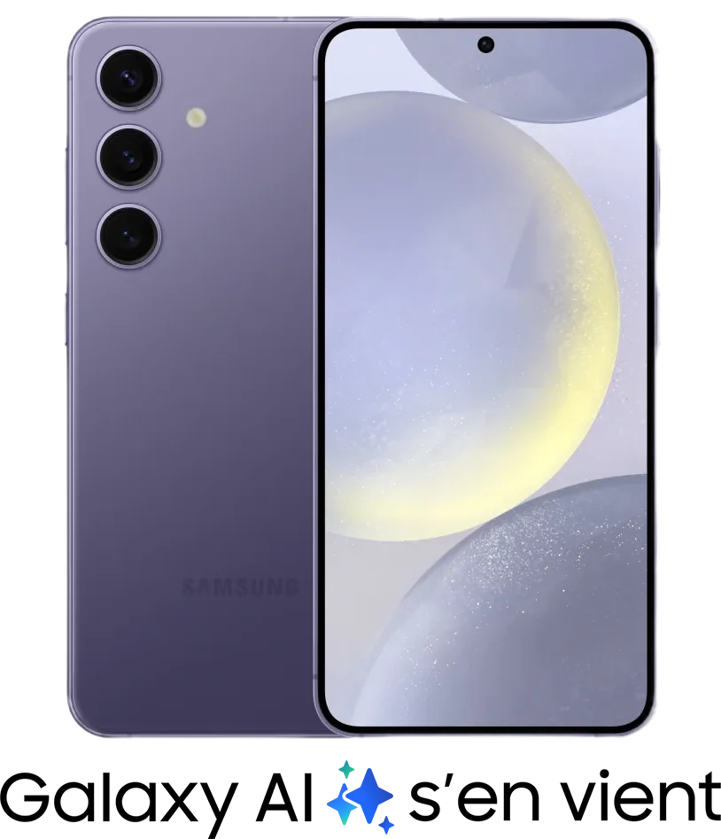 Vue avant et arrière du Samsung Galaxy S24 en Violet Cobalt avec Galaxy AI.