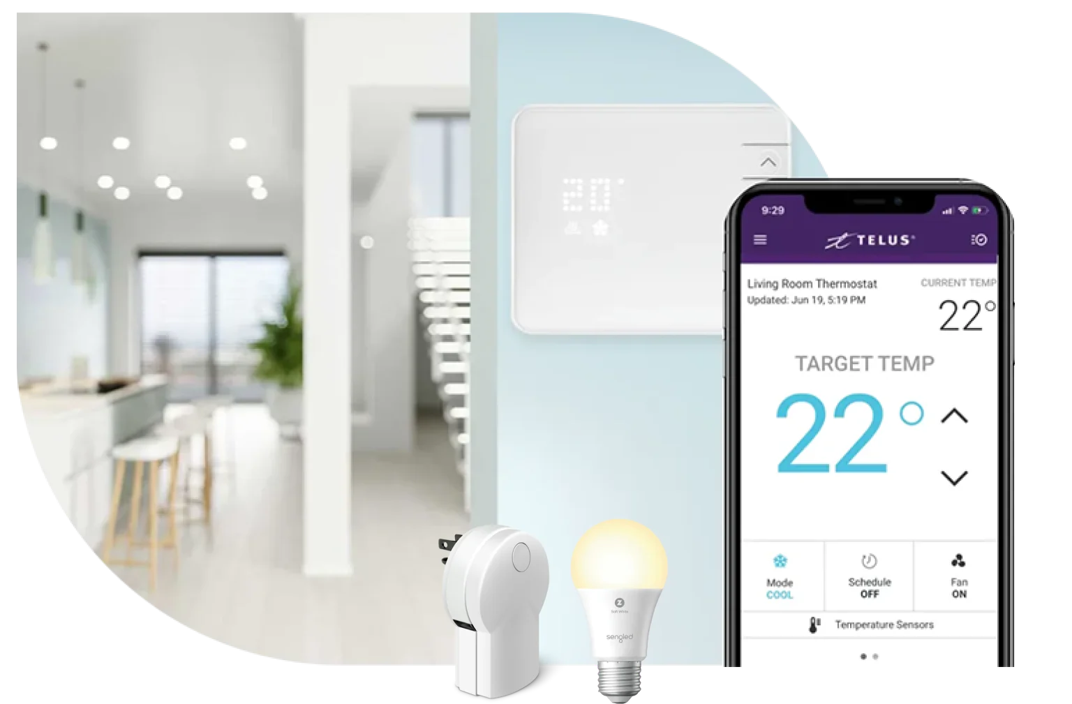 L'intérieur d'une maison équipée d'un thermostat intelligent à côté des accessoires et une application contrôlant la température.