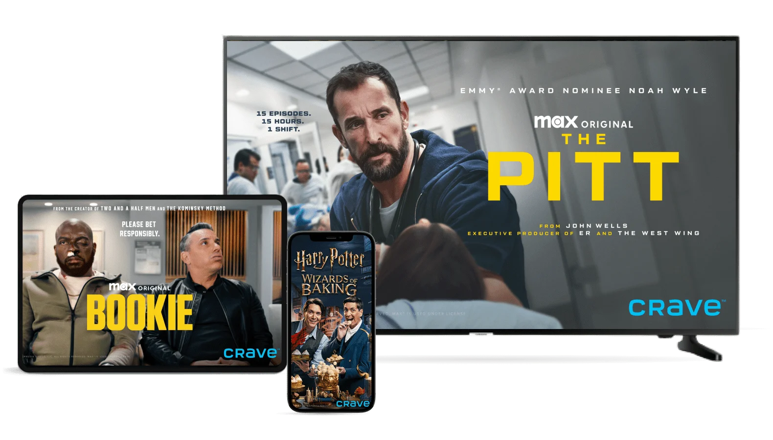 A flat screen TV, tablet and smartphone display hit Crave shows that all Crave subscribers have access to, along with an Optik TV digital box