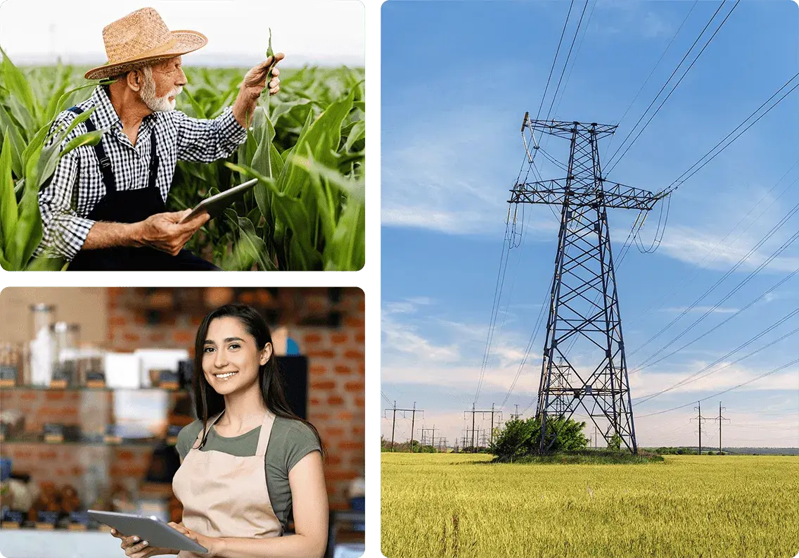 Three images: a farmer using a tablet in a field, a coffee shop owner using a tablet, and power lines running through a field.