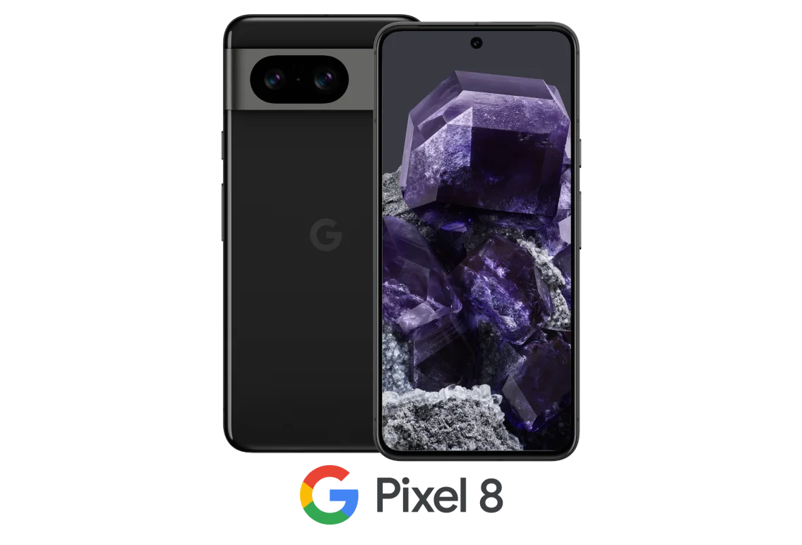 Front and back view of Google Pixel 8 in Obsidian Black.