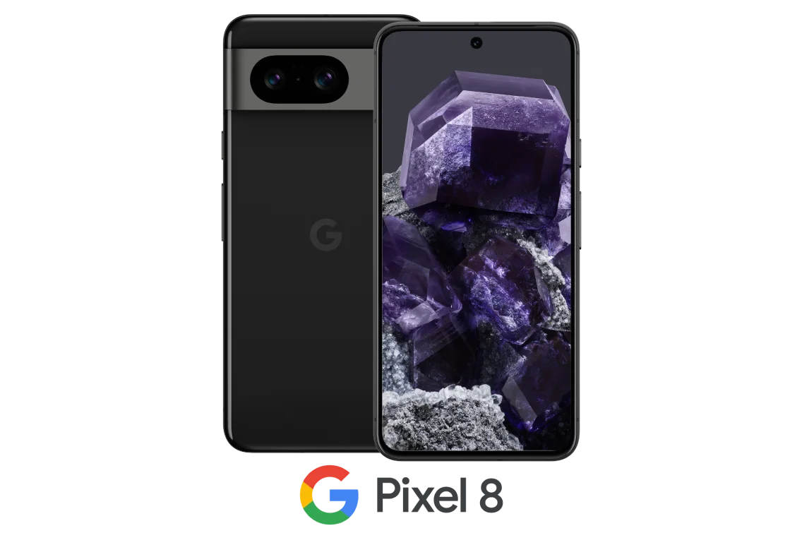 Back and front view of Google Pixel 8  in obsidian with the logo underneath it.