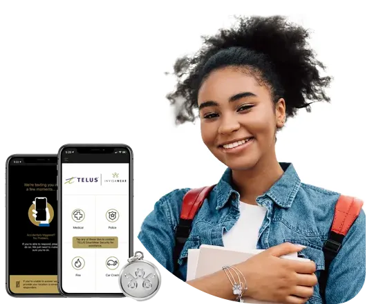 We see a collage of SmartWear Security personal safety devices, charms, bracelets, keychains, and necklaces on people studying and out running.