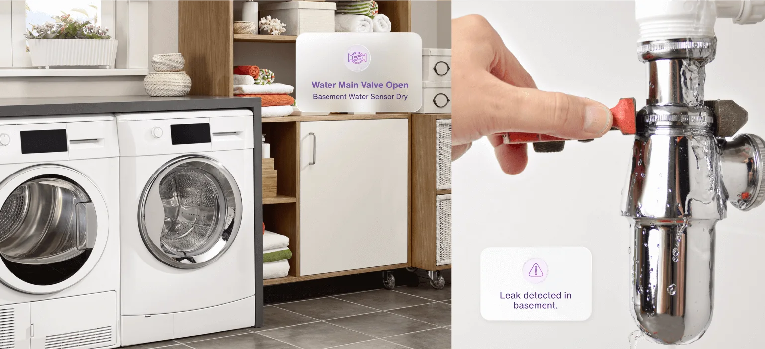 A split screen depicting a washer/dryer with app notification and a water shutoff valve with app notification