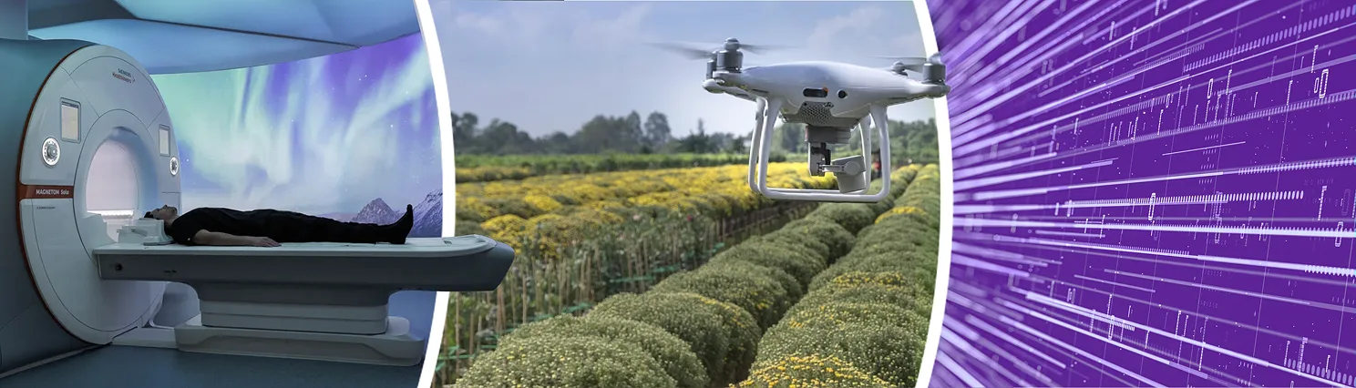 Collage showing a patient in an MRI machine, an agricultural drone over a field and purple digital data streams