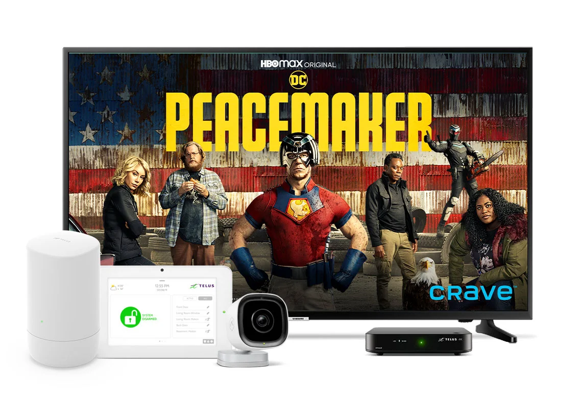 The Movers Bundle features the DC’s Peacemaker on Crave along with TELUS Optik TV, SmartHome Security control panel and security camera and TELUS Wi-Fi 6 hardware.