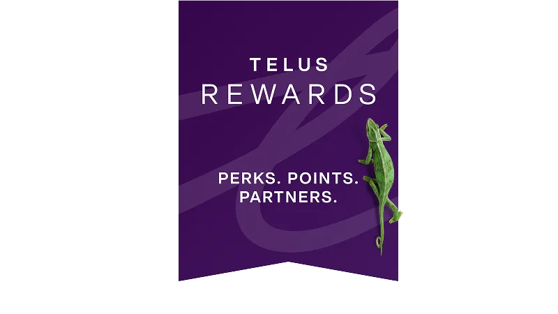 A green chameleon climbs up a purple banner that reads "TELUS Rewards. Perks. Points. Partners".