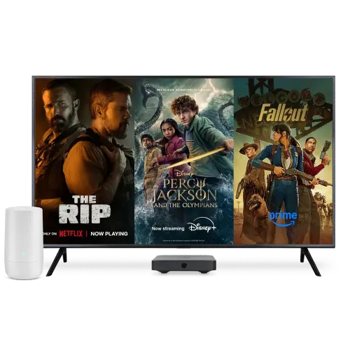 A TV and TELUS modem. The TV screen displays three posters: The Rip, Percy Jackson and Fallout.