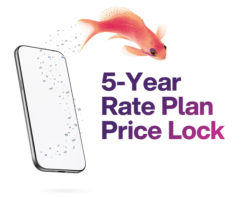 Smartphone displaying network speed interface with swimming goldfish and "5-year Rate Plan Price lock" text.