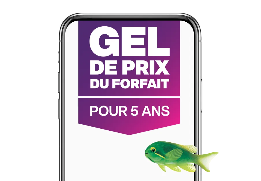 Image d’un téléphone intelligent avec le texte « Gel de prix du forfait pour 5 ans » au-dessus d’un poisson vert en train de nager.