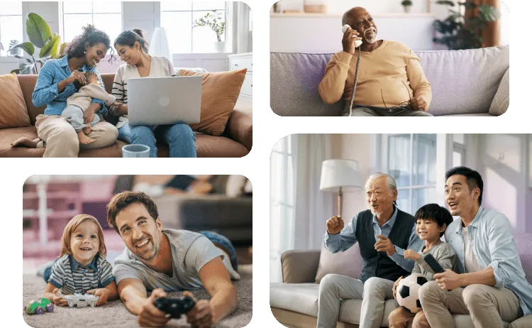 Image collage: A couple and a child viewing a laptop; a man speaking with a friend on a home phone; A father and son playing video games; a family streaming sports on Optik TV.