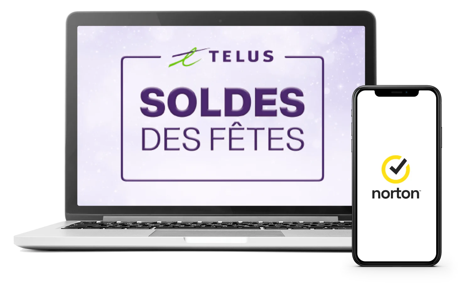 Sur l'image, un téléphone intelligent affiche le logo Norton, tandis qu'un ordinateur portable affiche les mots « Soldes des Fêtes ».