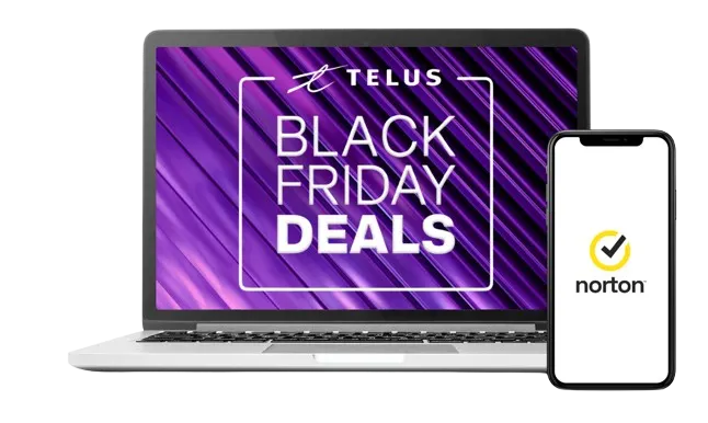 In the image, a smartphone displays the Norton logo, while a laptop shows the words “Black Friday Deals”.