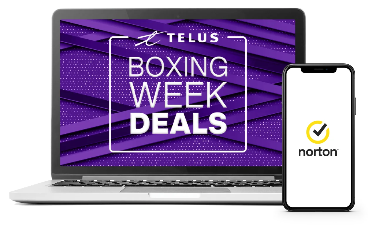 In the image, a smartphone displays the Norton logo, while a laptop shows the words “Boxing Week Deals”.